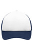 A trucker cap featuring a white front panel and a navy blue brim and mesh sides. It includes a logo on the front.