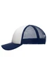 A kids' trucker cap featuring a navy blue and white design with a mesh back and a curved peak, complete with a logo.