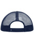 A navy blue polyester mesh trucker cap featuring a snapback closure and a logo on the back.