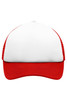 A red and white kids' trucker cap made of polyester mesh, featuring a logo on the front.