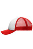 A red and white kids' five-panel polyester mesh trucker cap with a curved brim and mesh sides.