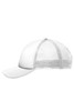 A white kids' 5 panel polyester mesh trucker cap featuring a curved brim and a mesh back.