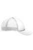 A white 5 panel polyester mesh trucker cap with a curved brim and a mesh back.