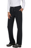 A pair of black pants with a drawstring waist, featuring side pockets, worn by a model.