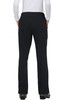 A pair of black pants with a fitted waistband and multiple pockets, viewed from the back.