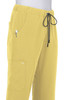 A pair of yellow pants with an elastic waistband and drawstring, featuring pockets and a logo.