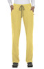 A pair of yellow pants with a drawstring waistband, featuring pockets and a grey tie.