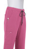 A pair of pink pants featuring an elastic waistband, drawstring, and pockets. The product has a logo on it.