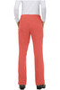 A pair of coral pink pants viewed from the back, featuring pockets and a logo.