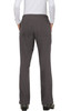 A pair of grey pants viewed from the back, featuring two back pockets and a flared leg design.