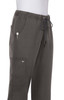 A pair of grey promotional pants with an elastic waistband, drawstring, and multiple pockets, featuring a logo.