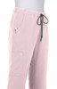 A pair of light pink pants with an elastic waistband and drawstring, featuring pockets and stitching details.