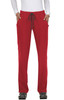 Red pants with a drawstring waistband and pockets, featuring a logo on the side. Ideal for casual wear.
