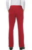 A pair of red pants is displayed, featuring pockets and a fitted waistband, with a person wearing a white top.