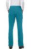 A pair of teal pants with multiple pockets, viewed from the back, featuring a plain design and a logo.
