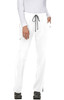 White pants with a drawstring waist, featuring pockets and a relaxed fit. The model stands in black footwear.