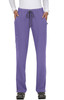 Purple pants with a drawstring waist and pockets, featuring a logo on the side.