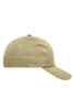 A tan 6 panel cap made of heavy cotton, featuring a logo and a curved visor.