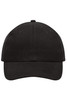 A black heavy cotton 6-panel cap featuring a curved brim and an adjustable back. It has a logo.