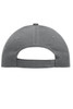 A grey 6-panel cap made of heavy cotton, featuring a back closure and a branding logo.