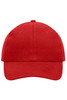 A bright red 6 panel cap made of heavy cotton, featuring a front panel and a logo.