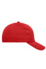 A red six-panel cap made of heavy cotton, featuring a curved brim and a logo on the front.