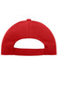 A red 6-panel cap made of heavy cotton, featuring a back opening and a button on top. It has a branding logo.