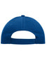 A blue six-panel cap made of heavy cotton, featuring an adjustable strap and a logo on the back.