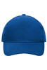 A blue 5 panel cap made of heavy cotton. It features a structured design and has a logo on the front.