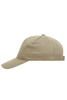 A beige heavy cotton 5 panel cap featuring a curved brim and a back strap, with a logo on the side.