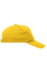 A yellow 5 panel cap with a curved brim and an adjustable strap at the back. Features a logo.