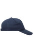 A navy blue 5 panel cap made of heavy cotton, featuring a curved brim and an adjustable strap at the back.