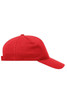 A red 5-panel cap made of heavy cotton, featuring a logo on the side.