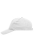 A white 5 panel cap made of heavy cotton featuring a logo on the front.