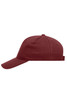 A maroon 5 panel cap made of heavy cotton, featuring a curved peak and an adjustable strap at the back.