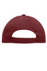 A heavy cotton, maroon 5-panel cap with a curved brim and adjustable back strap. Features a logo on the side.