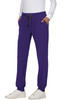 A pair of purple jogger pants with an elastic waistband and pockets, featuring a logo on them.