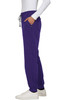A pair of purple jogger pants featuring pockets and an elastic waistband. The pants are styled with a side view.