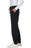 A side view of black jogger pants with a drawstring waistband, featuring pockets and a casual fit.
