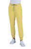 A pair of yellow jogger pants with an elastic waistband and pockets, featuring a grey drawstring and a logo.