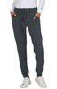 A pair of grey jogger pants with a drawstring waist and side pockets, worn with a white long-sleeve top.