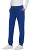 A pair of blue jogger pants with pockets and a drawstring waistband, featuring a logo, styled with a white top.
