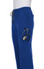 A pair of blue jogger pants with pockets, featuring a stethoscope tucked into one of the side pockets.