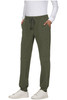A pair of olive green jogger pants with pockets, featuring an elastic waistband and drawstring. A logo is present.