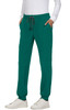 A pair of teal jogger pants with an elastic waistband and side pockets. Features a logo on the garment.