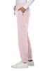 A pink jogger pant with a drawstring waist, featuring pockets and a logo, displayed on a model.