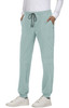 A pair of light blue jogger pants with pockets and a drawstring waist, paired with white sneakers.