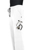 A pair of white jogger pants featuring a side pocket with a stethoscope. The pants have an elastic waistband and drawstring.