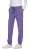 A pair of purple jogger pants with side pockets and drawstring waist, styled with a white long-sleeve top and white sneakers.