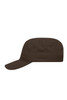 A military cap in dark brown with a flat brim and ventilation eyelets. Features a simple design and a logo.